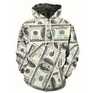 Men's 3D Dollar Printed Hoodie - Long Sleeve with Pockets Zipper Sweatshirt, Polyester Blend, Casualwear, Four Seasons
