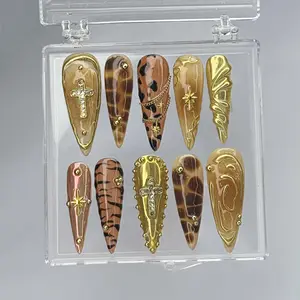 Terra Nails – Gold Tortoiseshell Press On Nails with Cross charms with Leopard Print, Luxury Gothic Press-On Nails – TN187