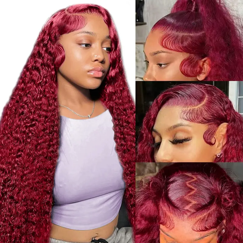13x6 Deep Wave 99J Burgundy Lace Frontal Wigs Human Hair Pre Plucked Remy Hair Red Colored Deep Curly Wigs for Women