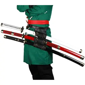 41 inches Anime Bamboo Wooden Roronoa Zoro Sword Cosplay Set, Yubashiri Wado Ichimonji Sandai Kitetsu with Belt & Holder Stand Display for Halloween Role Playing Collection Cosplay