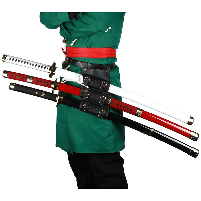 41 inches Anime Bamboo Wooden Roronoa Zoro Sword Cosplay Set, Yubashiri Wado Ichimonji Sandai Kitetsu with Belt & Holder Stand Display for Halloween Role Playing Collection Cosplay