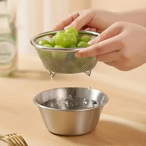 Mini Stainless Steel Drain Basket and Bowl, Reusable Strainer Basket for Washing Fruits, Rice, and Vegetables, Restaurant Kitchen Cooking Cleaning Tool, Draining Rack, Fine Mesh Strainer