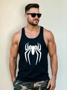 Men's Spider Print Vest, Sleeveless Spider Style Fitness Shirt, Casual Streetwear Sports Vest, Trendy Printed Gym Top