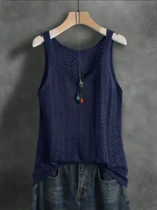 Women's Elegant Casual Solid Color Hollow Out Knit Fitted Sleeveless Vest, Summer Lightweight Thin Layered Short Outerwear Tank Top, Perfect for Denim Jeans