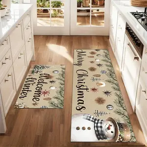 2Pcs Christmas Snowman Floor Mat Set Farmhouse Kitchen Rug Dining Room Flooring Laundry Room Decor Carpet Mat