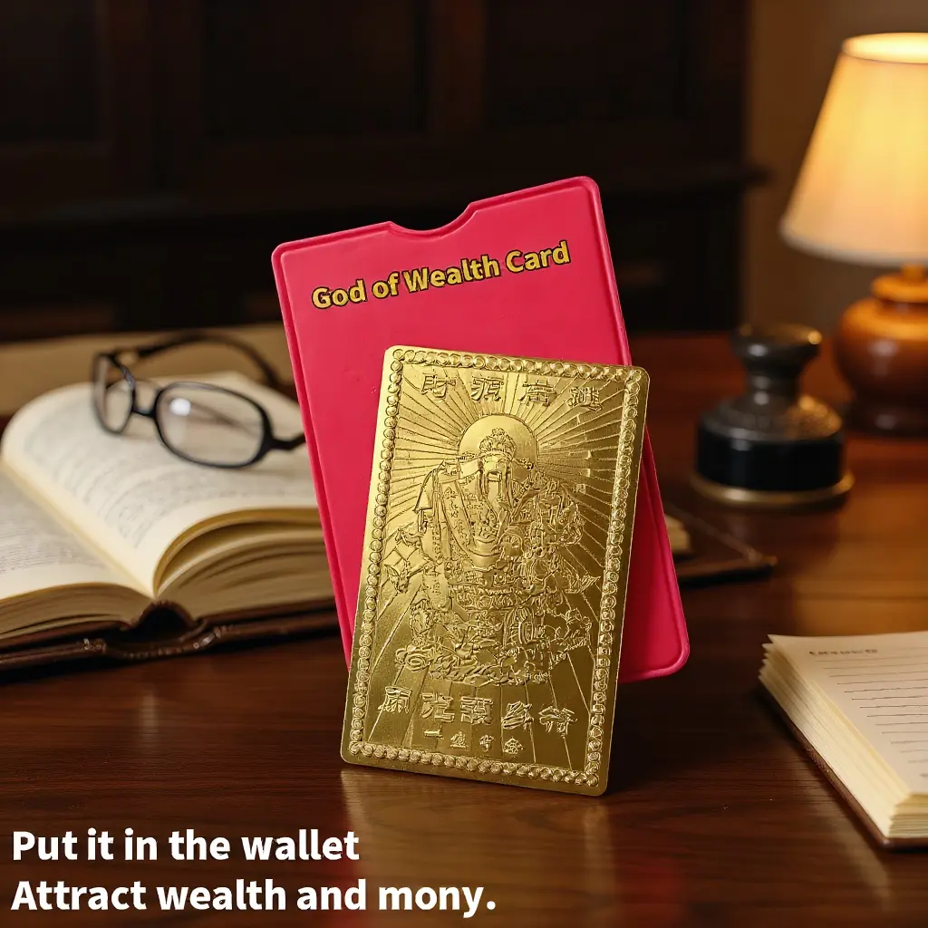 Golden God of Wealth Card with red leather case, Attracting Fortune and Prosperity, deal Graduation Gifts for Friend and Family