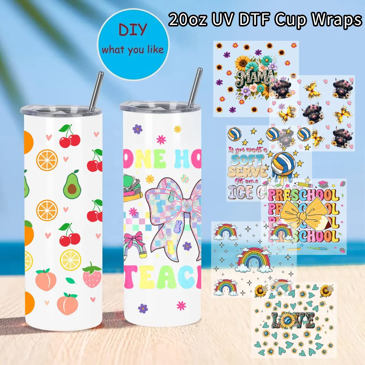 Random 13pcs 20oz UV DTF Transfer Cups Sticker Set, 3pcs Cup+10pcs Cup Sticker, DIY Wrap Transfer Sticker for 20oz Glass Cup Sticker Bottle Sticker Adhesive Sticker High Quality