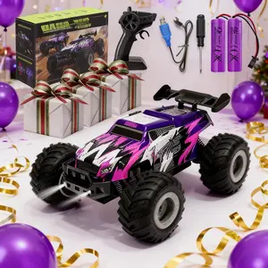 RC Monster Truck 20KM/H 2.4GHz Anti-Interference All Terrain LED Lights 2 Rechargeable Batteries Christmas Halloween Birthday Toy Gift for Kids Boys Girls Purple