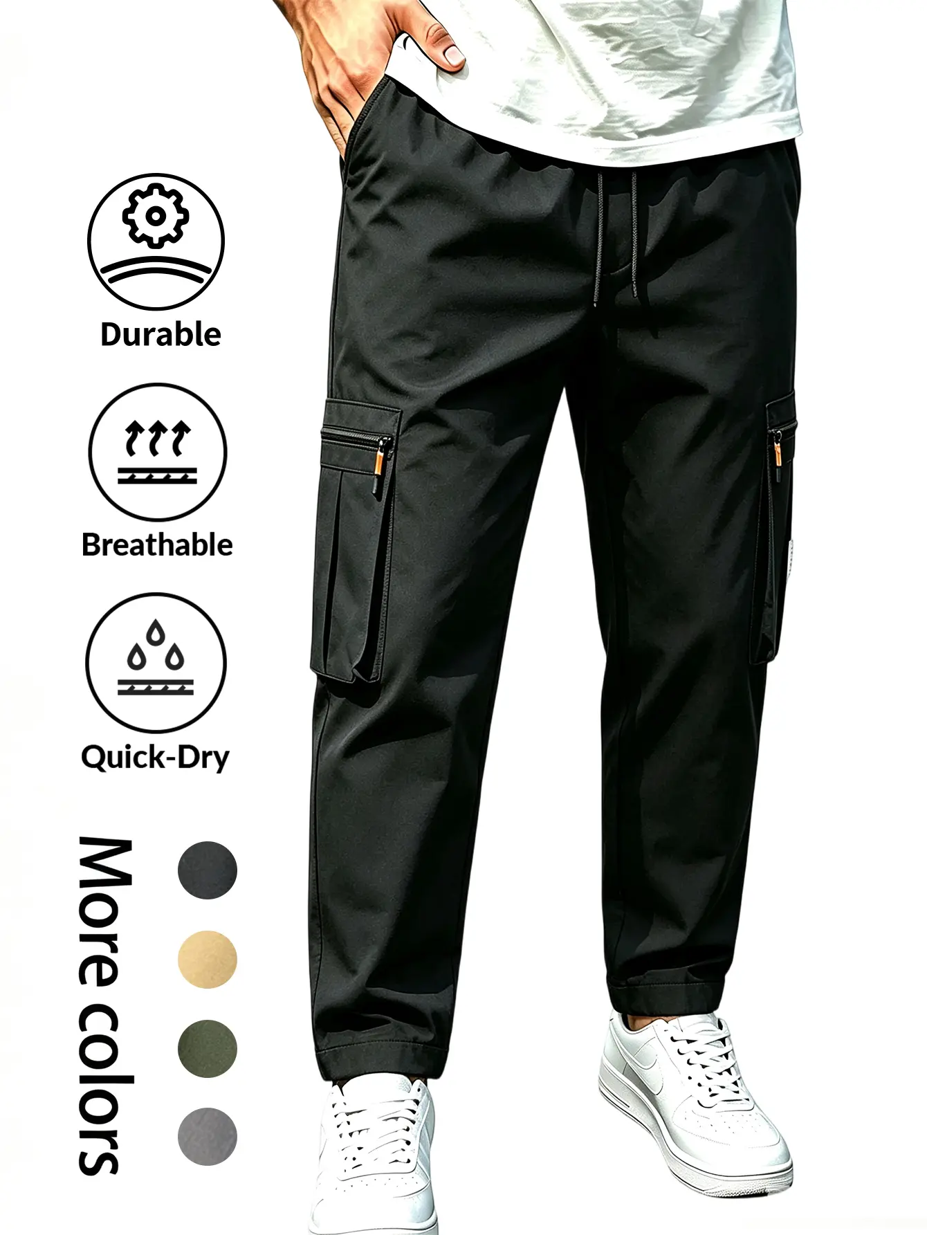 Men’s cargo joggers with secure zippered pockets | Quick-dry, breathable tapered work and hiking pants — men’s cargo joggers with zippered pockets, quick-dry, breathable, lightweight, elastic waistband, tapered work/hiking/casual pants for men