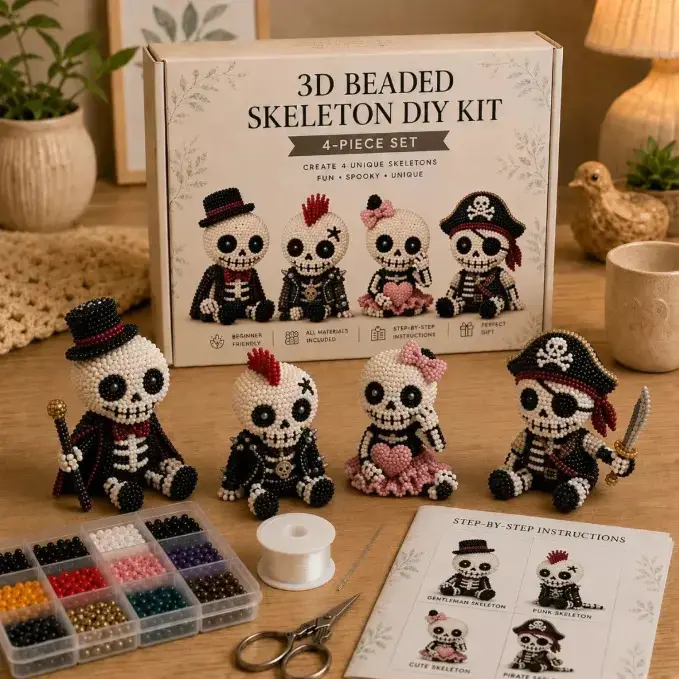 3D Beaded  DIY Kit, Petite 3D Beaded Skeleton Craft Kit and Instructions, 3D DIY Collection, Cute 4-Pack DIY Skeletons Beading Set，Halloween gifts, Halloween decorations
