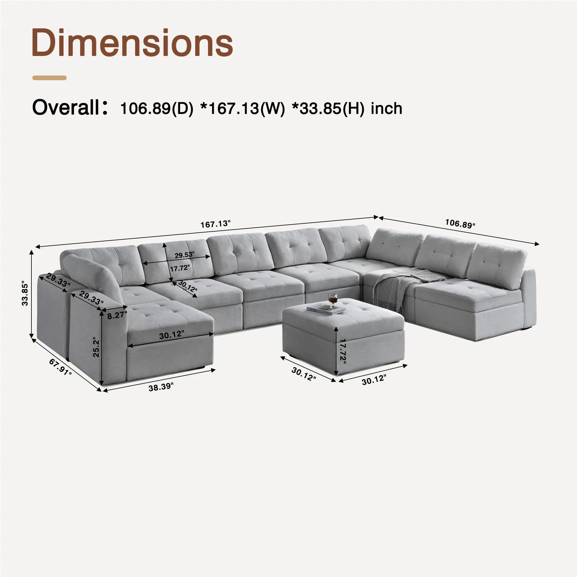 9 Seater Sectional Sofa Gray