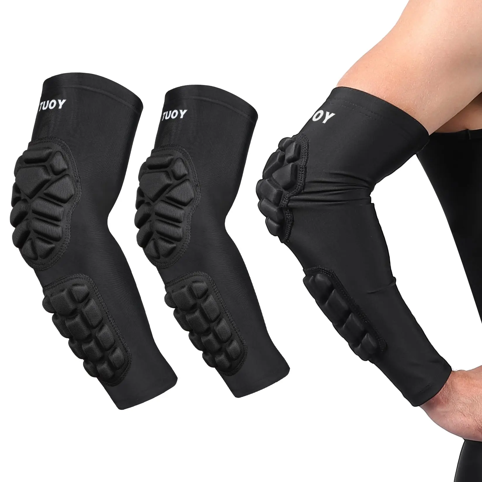 TUOY 2-Pack Black Sports Arm Sleeves - EVA Pads, Silicone Strips, Crashproof Compression Elbow Guard for Adults, Football, Basketball