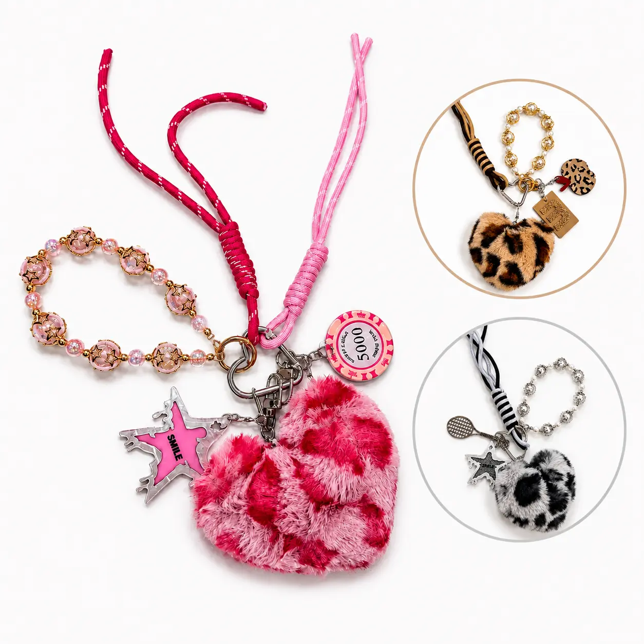 Cute Leopard Heart Keychain Set for Women, 5-in-1 Detachable Charms, Pearl Beaded Bracelet, Wrist Lanyard, Purse Charm, Backpack Accessory, Ideal Gifts