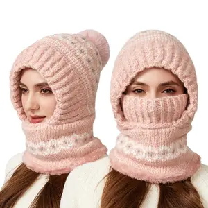 Winter Knit Hood Scarf Hat for Women 2-in-1 Warm Beanie with Neck Cover Soft Fleece Lined Ski Balaclava Cozy Fluffy Pink Cap Cold Weather Outdoor Fashion for Snow Days Daily Wear