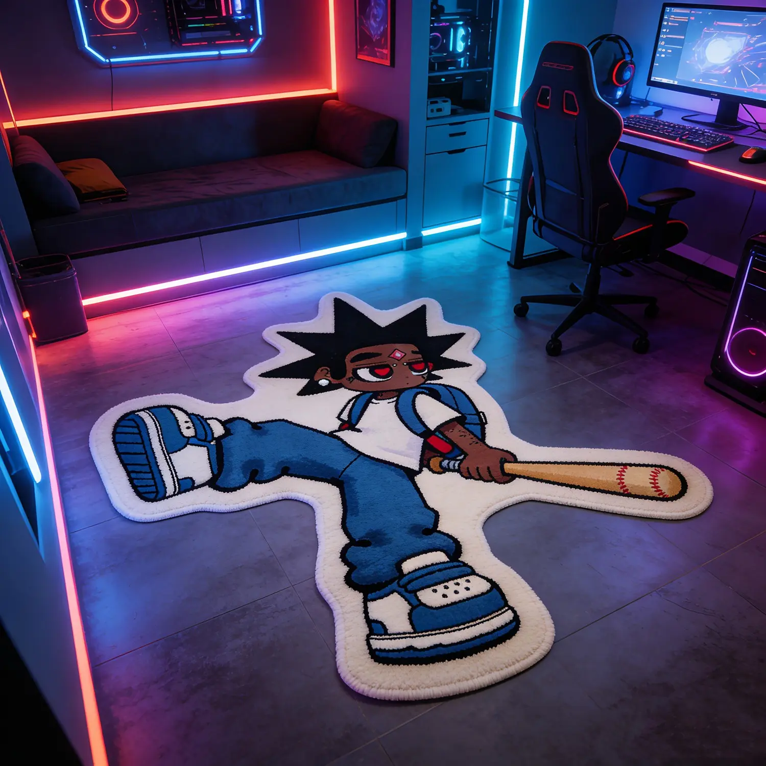 Trendy Baseball Cartoon Character Rug, Fun Decorative Mat for Bedroom Gaming Room Living Room, Ideal Holiday Gift, Soft Rug