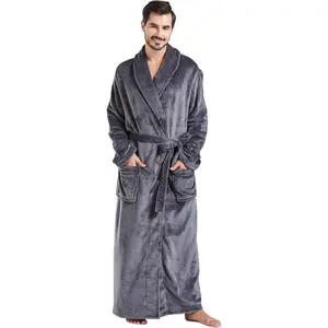 Mens Robes Big and Tall Full Length Plush Fleece Long Robe for Men Bathrobe Shawl Collar Warm Winter House Robes Menswear Loungewear Beige Nightwear Motocross Grey/Red Plain