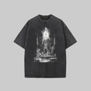 230g Washed Cotton, Men's Summer T-shirt with Cathedral and Cross Print, High-quality Cotton Casual T-shirt for All Seasons, Suitable for Street and Outdoor Activities, Perfect Gift for Holidays