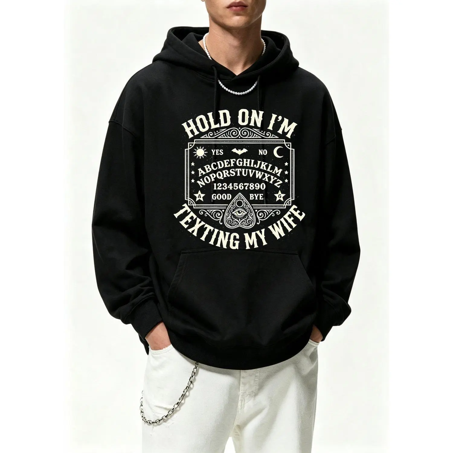 Men's Hoodie with Hold On I'm Texting My Wife Ouija Board Graphic Long Sleeve Pullover Casual Streetwear Sweatshirt Style