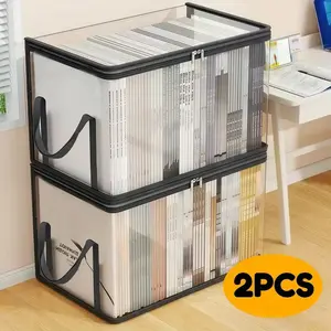 Transparent PVC Storage Boxes Set of 2, Large Capacity Book Organizer for Home Office, Space Saving Foldable Clothing Rack Bag