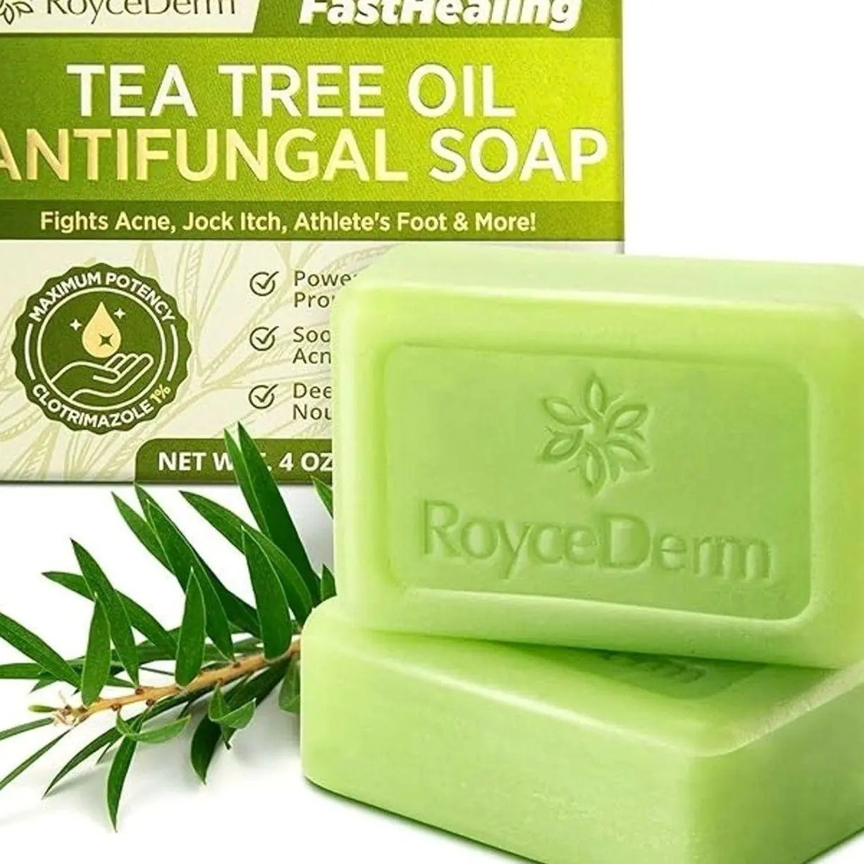 Roycederm Antifungal Antibacterial Tea Tree Soap: Antifungal Antibacterial Treatment for Face & Body Acne, Athlete's Foot, Tinea, Folliculitis Ringworm Jock Itch (Pack of 1)