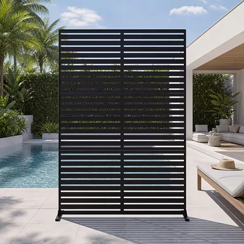 Aoxun Freestanding Metal Outdoor Privacy Screen, 46x 71Inch Slatted Patio Divider, Rust‑Proof Windproof Metal Privacy Panel with Base for Backyard, Pool, Garden, Courtyard