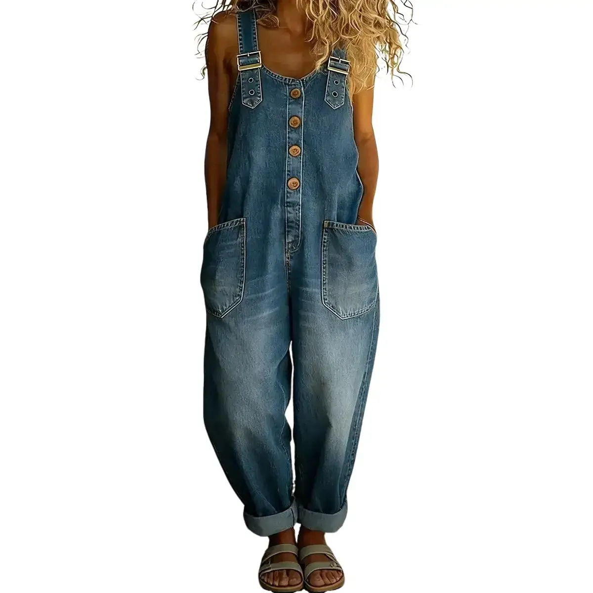 Women's Elegant Retro Denim Overalls, Casual Loose-Fit with Distressed Details and Adjustable Straps, Strappy, Women's Clothes, Plain