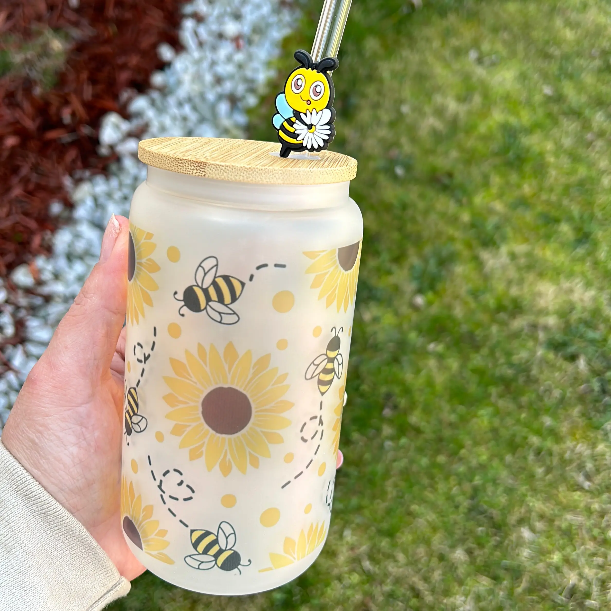 Bee and Sunflower Glass Can 16 oz Drinkware Handmade
