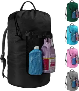 Laundry Bag with  Straps and Mesh Pocket Laundry Backpack Large Portable Laundry Hamper for College Laundromat Apartment (Black)