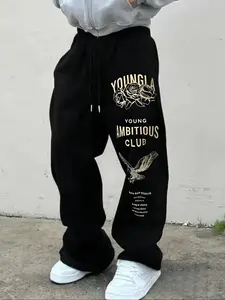 Men's Printed Wide Leg Pants, American High Street Style Loose Fit Long Pants, Rose Eagle Pattern, Casual Skateboard