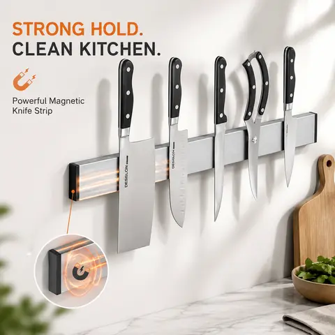 LKCSXH Modern Corrosion-Resist Durable Stainless Steel Flat Magnetic Strip Knife Holder - Single Rotatable Anti-Cutting Storage Rack, Easy Installation, Fits Home & Pro Kitchen Accessories Organizer, Family Gift