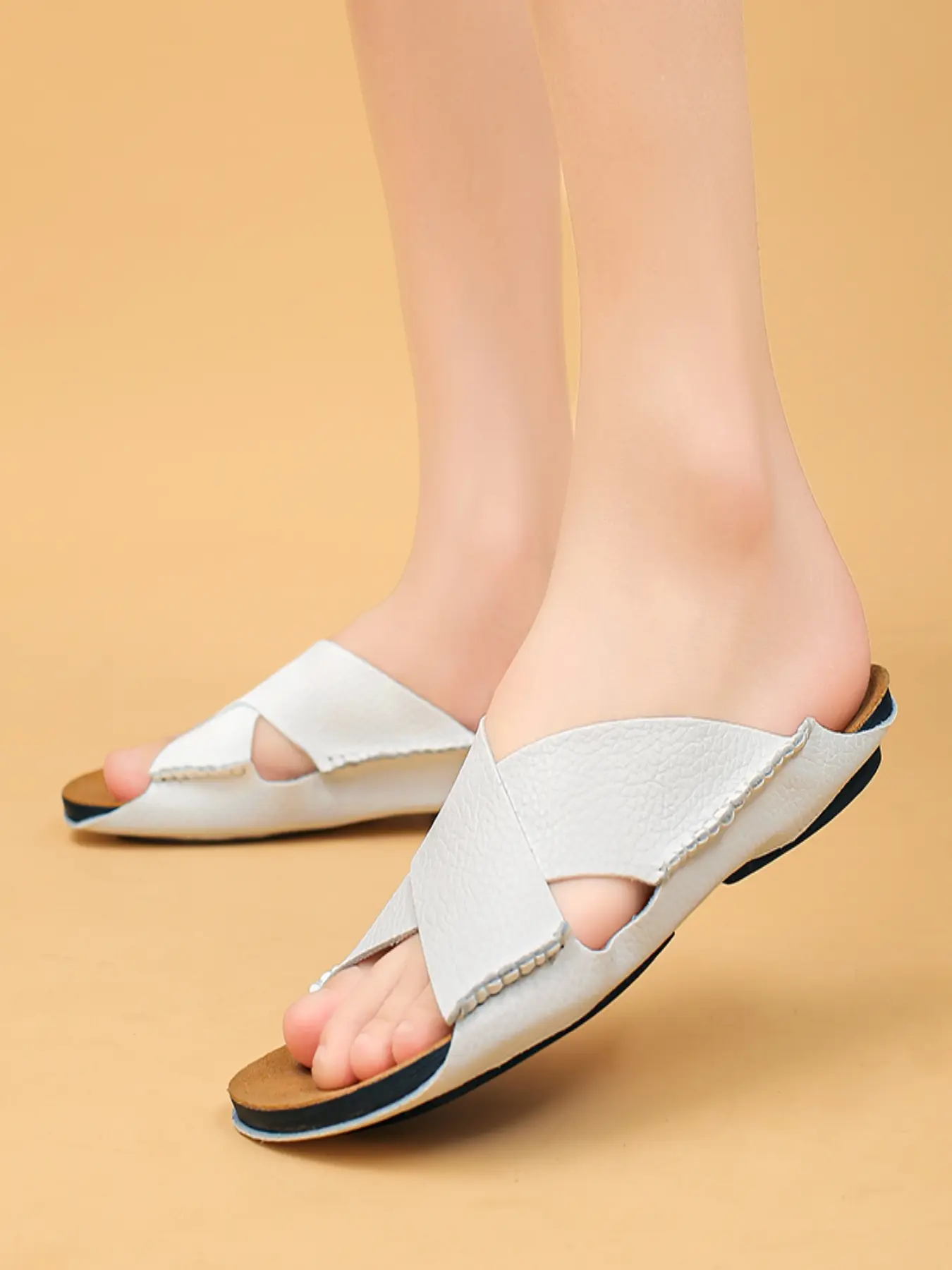 Men's Hand-Stitched Cross-Strap Leather Slide Sandals, Affordable Sandals, Soft Breathable Slip-On Shoes for Casual & Daily Wear