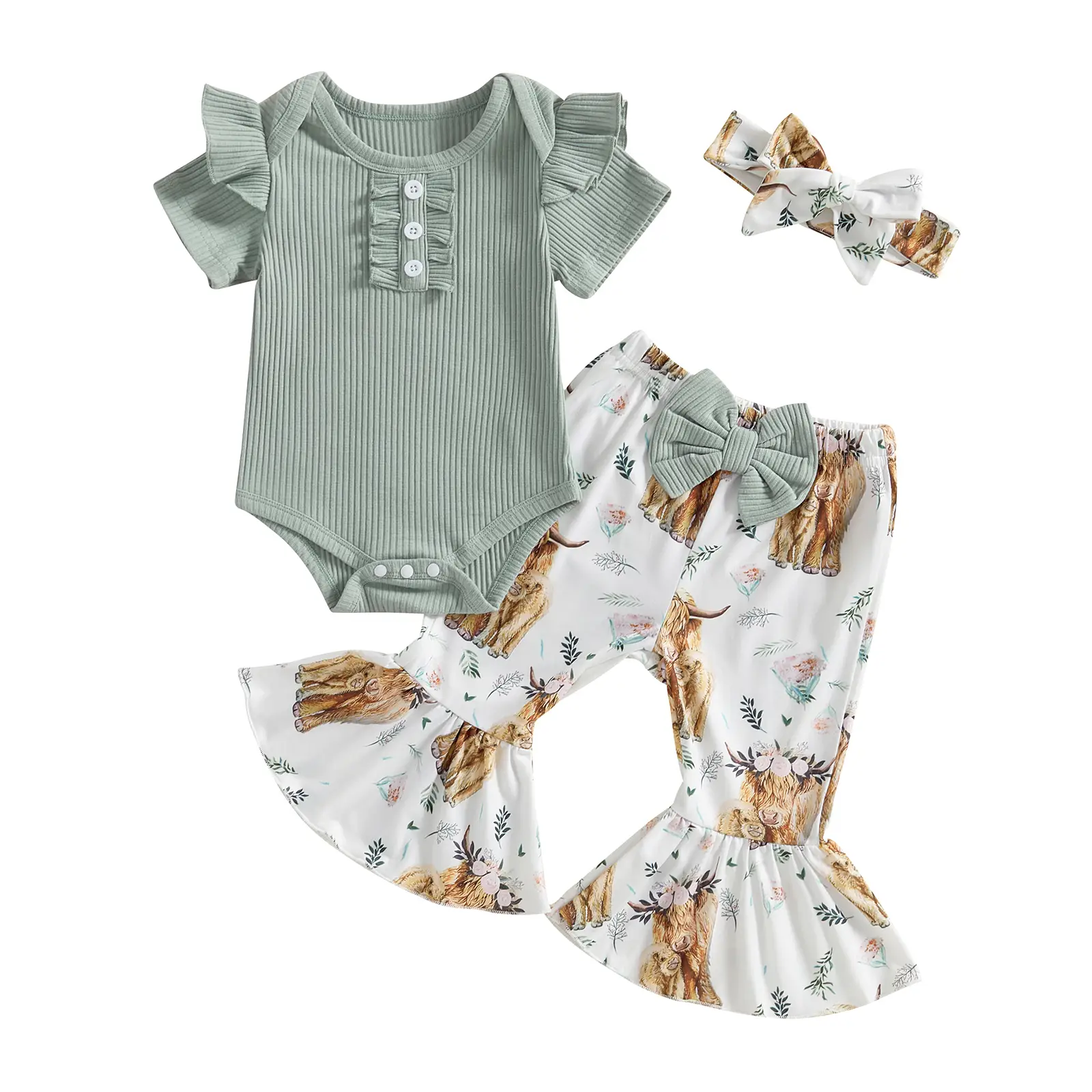 Newborn Baby Girl Clothes Infant Rib Frill Long Sleeve Romper Flared Pants Headband Set 3pcs Fall Winter Outfits