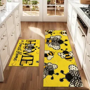 2Pcs Yellow bee background Floor mat including farmhouse Kitchen Area Rug dining room flooring laundry room decorative carpet mat