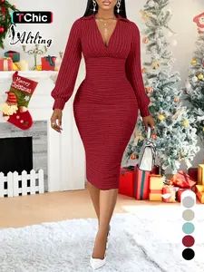 Aliling Elegant Slim-Fitting Long Sleeve Midi Dress with V Neck, Spring & Fall Women's Fashion, Stylish Waist-Tie Soft Knit Fabric Dress for Casual Occasions