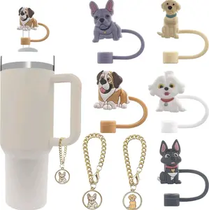 7Pcs Silicone Dog Straw Cover & Dog Charm Set for 20, 30, & 40 oz Stanley and other Tumblers - Includes 5 Straw Toppers (0.4in/10mm) & 2 Charms with Chains Drinkware Stylish