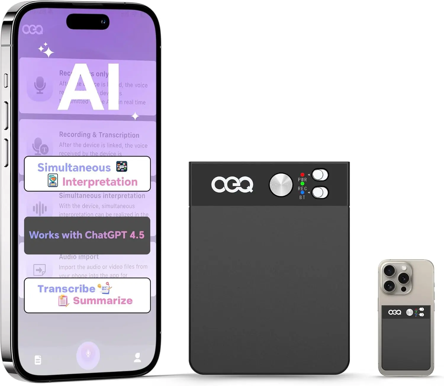 OEQ AI Voice Recorder with Real-Time 112 Languages Translate Transcribe Summarize & Mind-Map with ChatGPT 4.5 64GB Memory for Lectures Meetings Calls Interviews