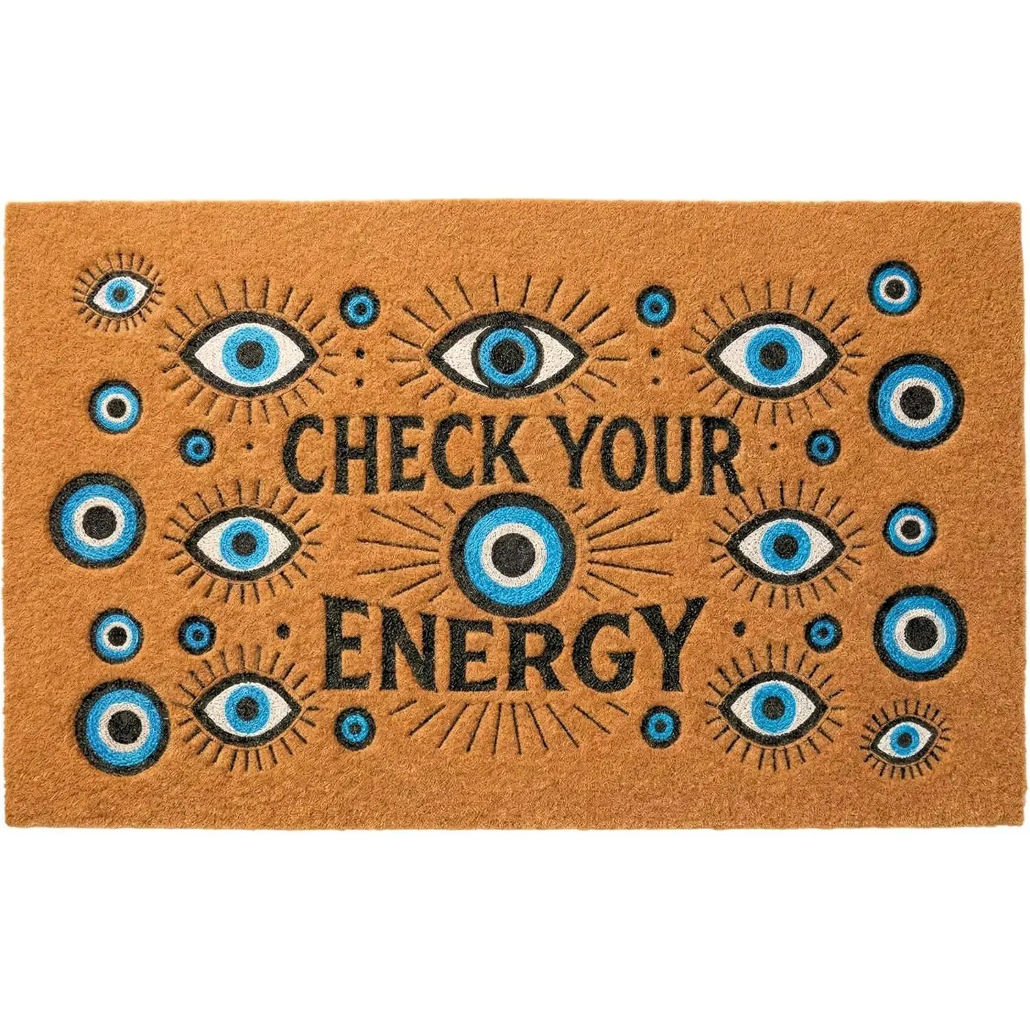 Check Your Energy with Evil Eye 30" x 18" Faux Coir Welcome Mat, Non-Slip Rubber Backing, Waterproof & Durable bathroom