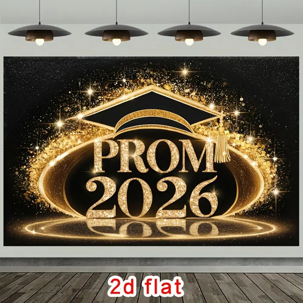 2D Flat - 2D Flat - 2D Flat Banner for Prom 2026: Featuring Shimmering Golden Lettering, a Graduation Cap, Twinkling Stars, And a Sophisticated Black Polyester Backdrop, Perfect for Decorating Parties in Farms,
