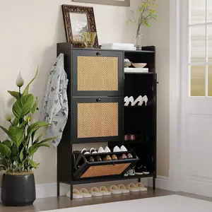 Black Cabinet Rattan Shoe Natural Rattan Freestanding Shoe Cabinet with 4 Open Storage Side Cabinet Hidden Wood Shoe Rack Rattan Shoe Storage Cabinet for Entryway Living Room Porch Black Organiser Adjustable Drawer Smooth Wooden