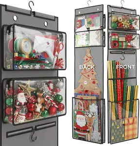 Wrapping Paper Organizer 63" – Double-Sided Vertical Gift Wrap Holder with 4 Zipper Bags, Transparent Pockets & Hooks – Space-Saving Storage for Gift Paper Rolls, Ribbons & Accessories