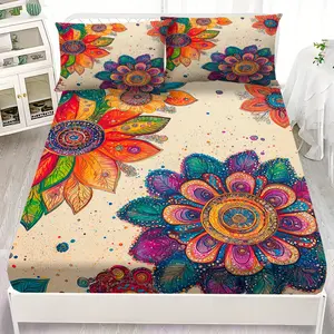 3pcs Luxurious Orange and Green Flowers with Colorful Dots Pattern Sheet Set, Bedding Set Includes One Fitted Sheet and Two Pillowcases, Pillow Inserts Not Included, Machine-washable, All-season, Lightweight Fabric-designed for Home Comfort3 Bedsheet Sets