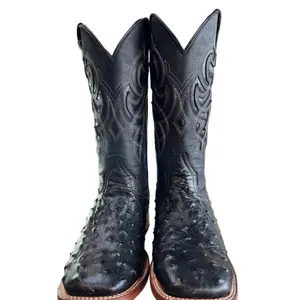 Black Men's Ostrich Print Boots with Intricate Embroidery and Comfortable Sole Footwear