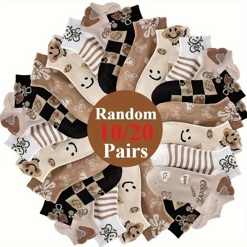 Women's Print Crew Socks, 10/20 Pairs, Casual Warm Winter Mid-Calf, Flower & Cartoon Patterns, Soft Comfortable, Mid-Calf Crew, Sock Sets, Casual Daily Socks