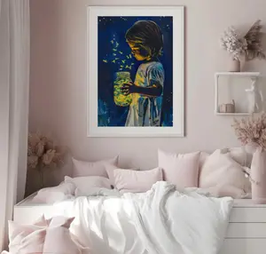 Little Girl and her Fireflies Gouache Painting Print Fireflies Wall Art canvas Facing Left