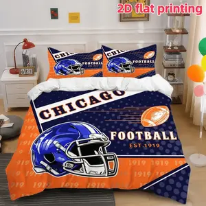 2D Flat 3Pcs Chicago Football Bedding Sets, Dark Blue & Orange Sports Theme Duvet Cover, Microfiber Comforter with Helmet Design, for Men Boys Bedroom Decor (1 + 2 Pillowcases, Unfilled)