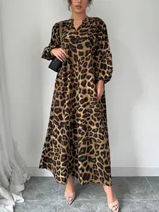 【Plus Size】 Leopard Print Notched Neck Dress, Casual Bishop Sleeve Dress for Spring & Fall, Women's Clothes for Daily Wear