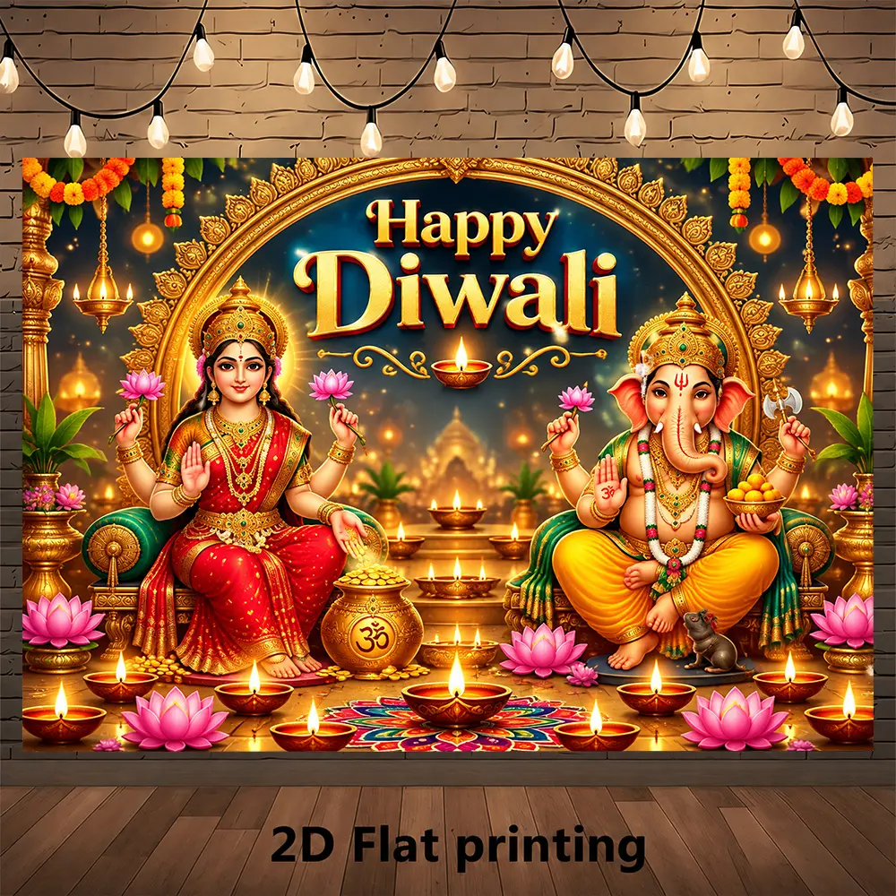 Lakshmi Ganesha Golden Diyas Lotus Temple Happy Diwali Backdrop Banner, Lightweight Wall-Window Decoration for Home Mandir Puja Prayer Ceremony
