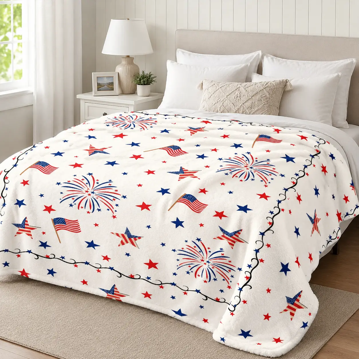 Patriotic July 4th American Flag Fireworks Flannel Blanket Ultra Soft Cozy Plush Throw Blanket Red White Stars Design Machine Washable Bedding Blanket for Bed Sofa Couch Bedroom Living Room Home Decor Veteran Gift