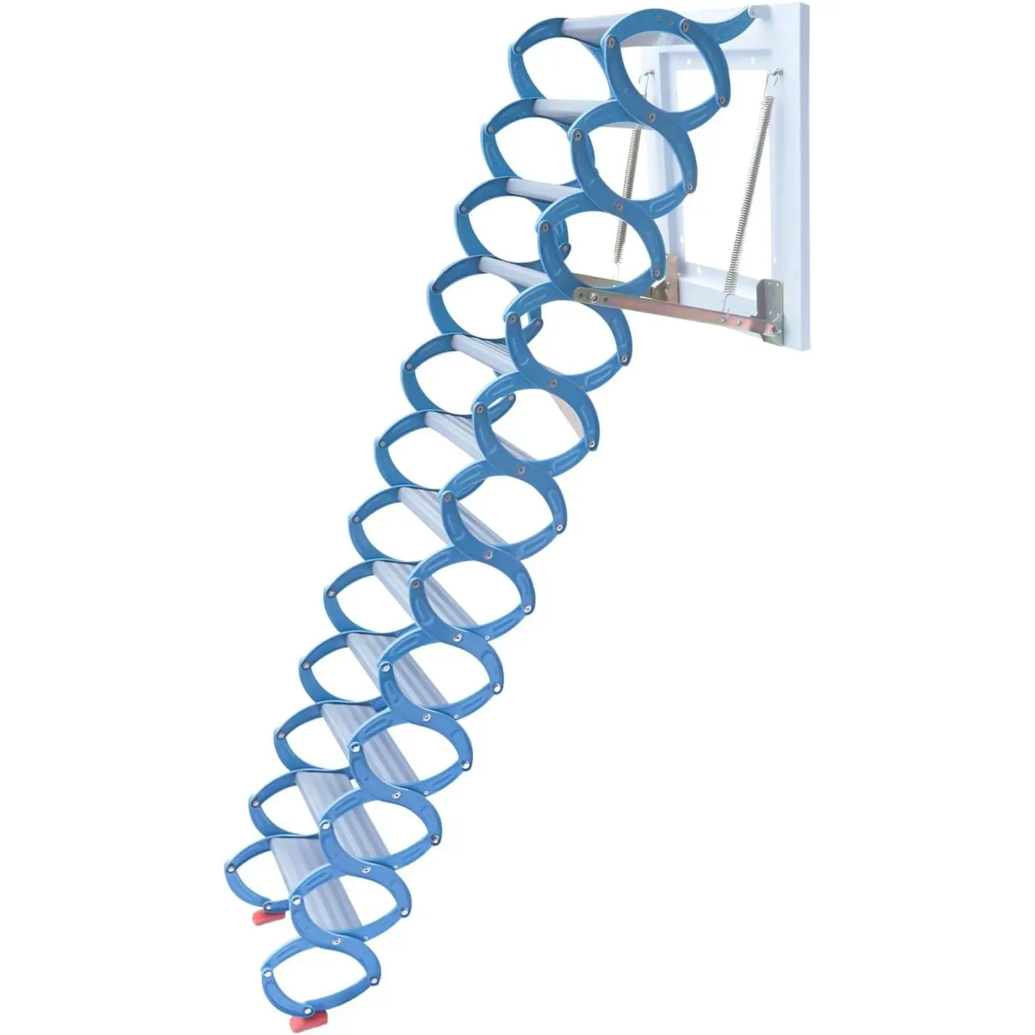 Aluminum-Steel Alloy Curved Form Wall-Mounted Foldable Attic Stairs, 12-Step Pull-Down Garage Ladder with Handrails, Retractable Blue (70*43*37cm, 400kg/881.85lbs Load Capacity, Distance to Walls:1.3-1.5m)
