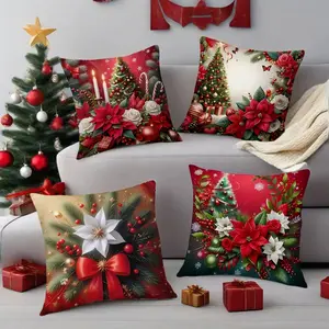 Christmas Pillow Covers Set of 4, Classic Christmas Tree Snowflake Bell Print, Gold Design, Polyester Material